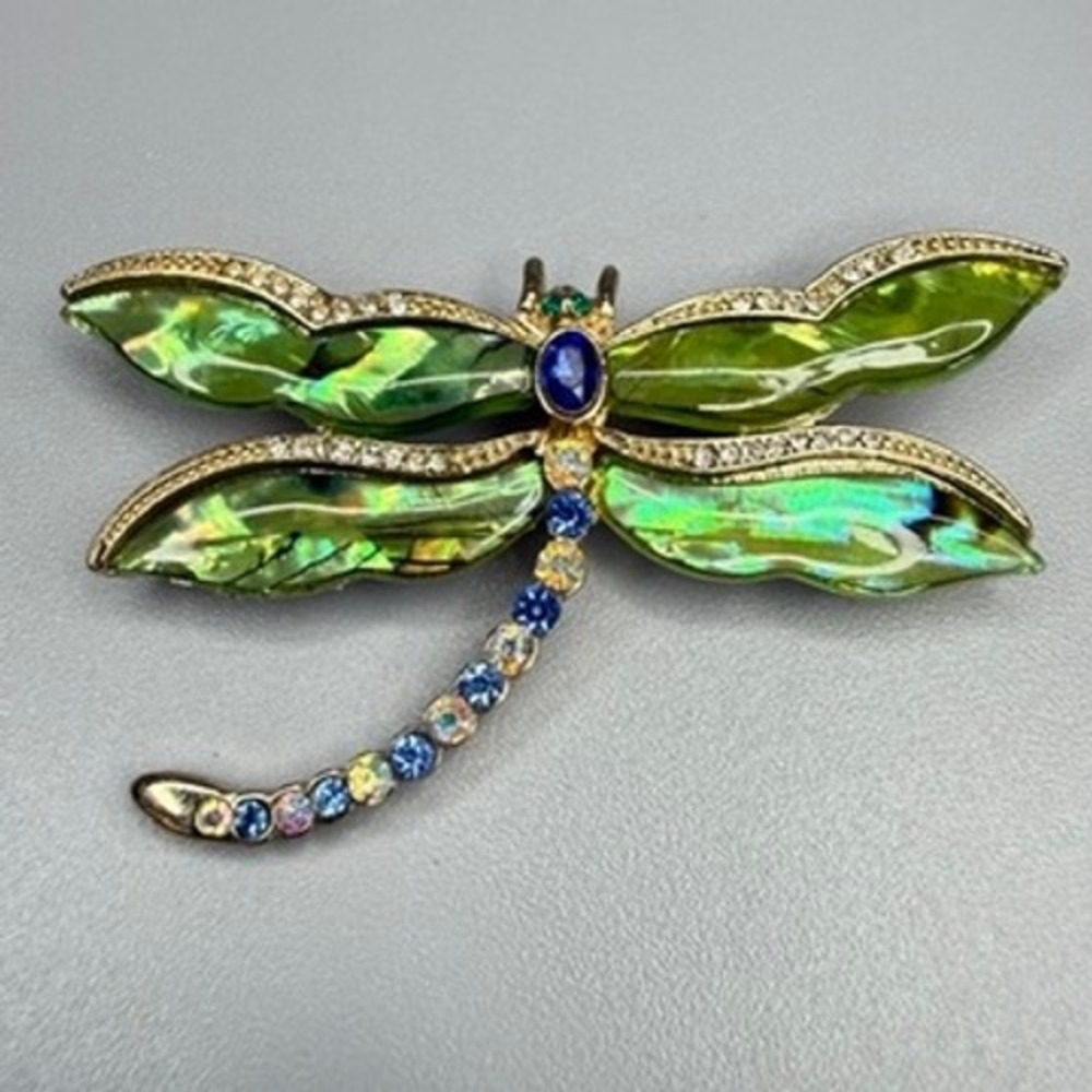 Large‎ Dragonfly Brooch Green Blue Rhinestone Whimsical Insect